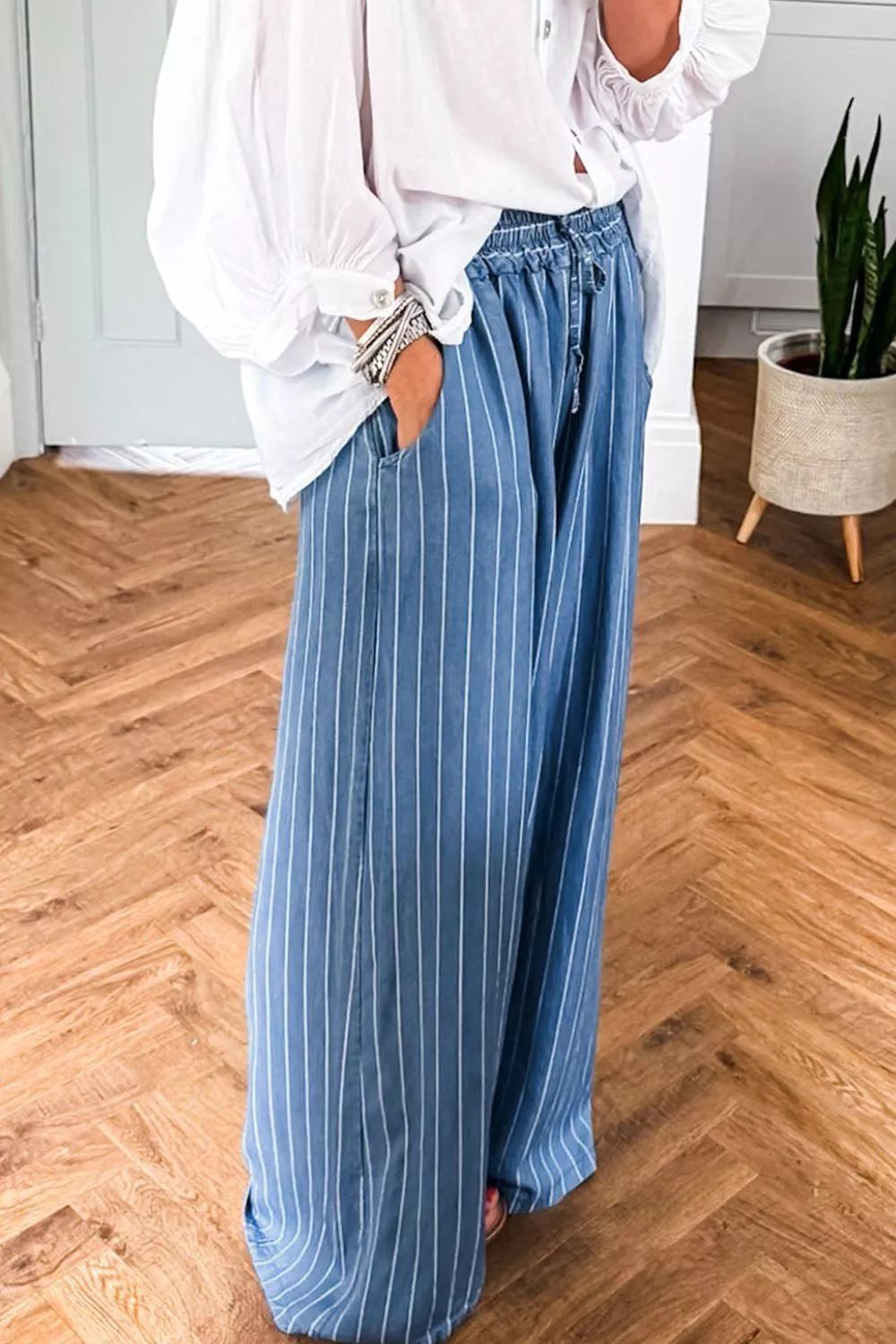 Stripe Chambray Wide Leg Tied Elastic Waist Jeans, image 3