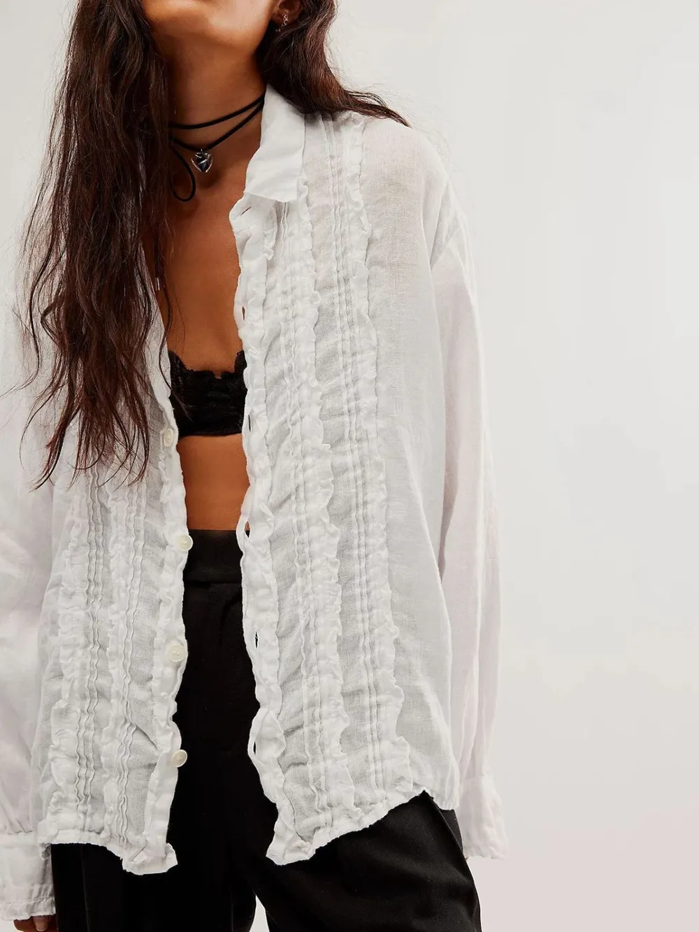 Frill Ruched Collared Neck Long Sleeve Shirt, image 4