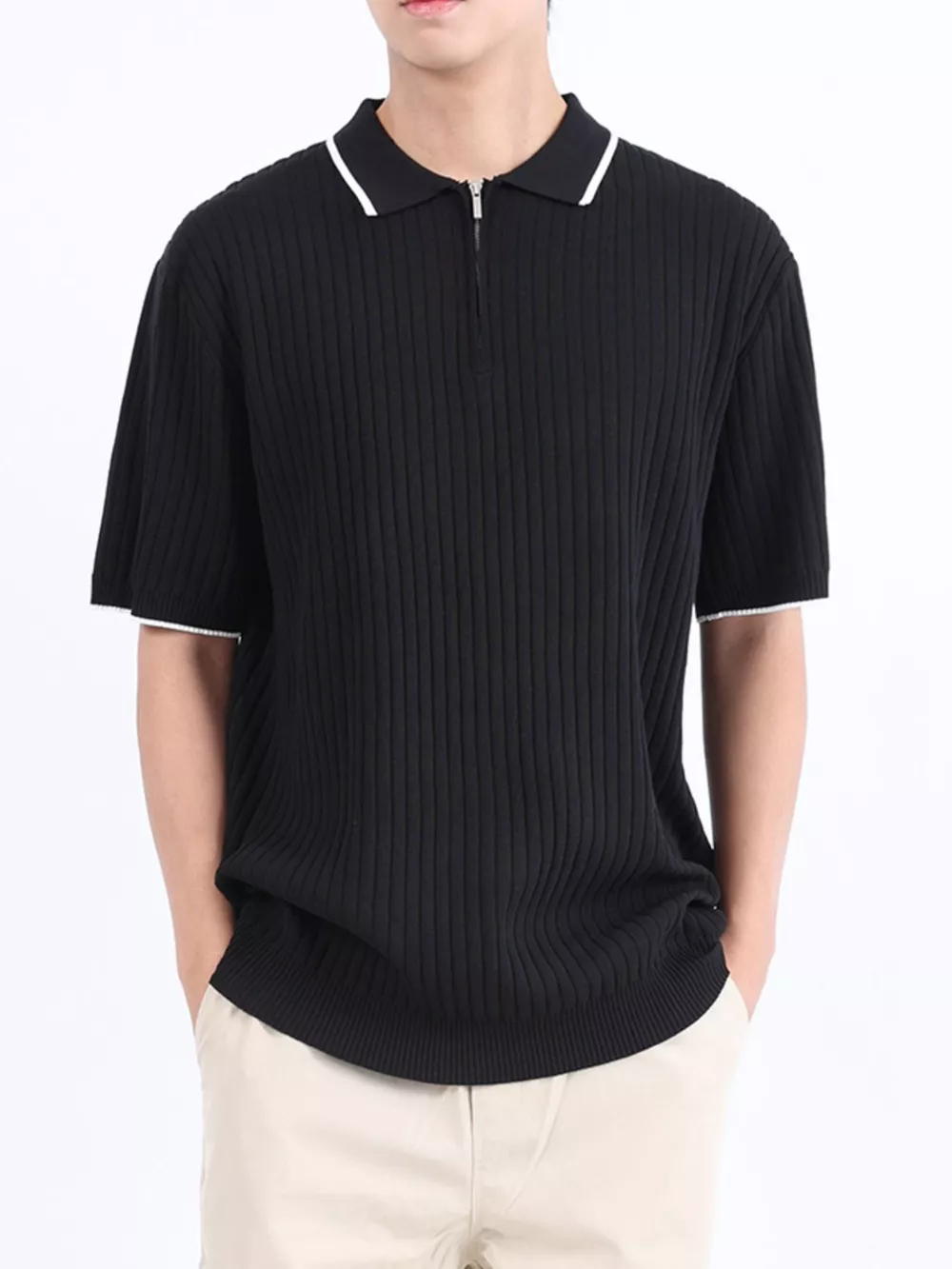 Men's Plus Size Ribbed Knit Zip-Up Polo, image 3