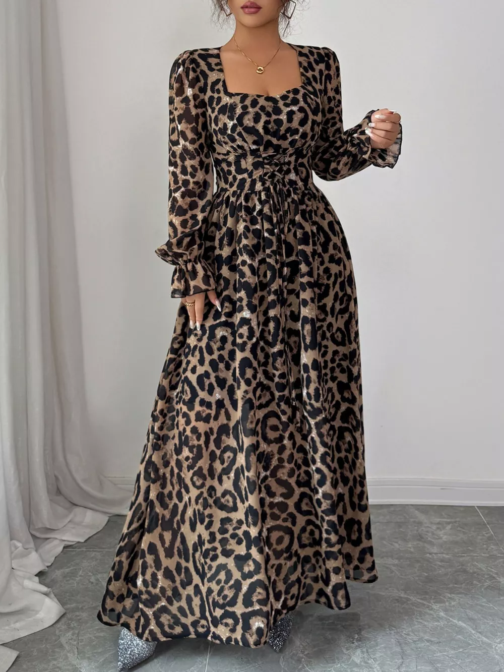 Leopard Sweetheart Neck Flounce Sleeve Maxi Dress