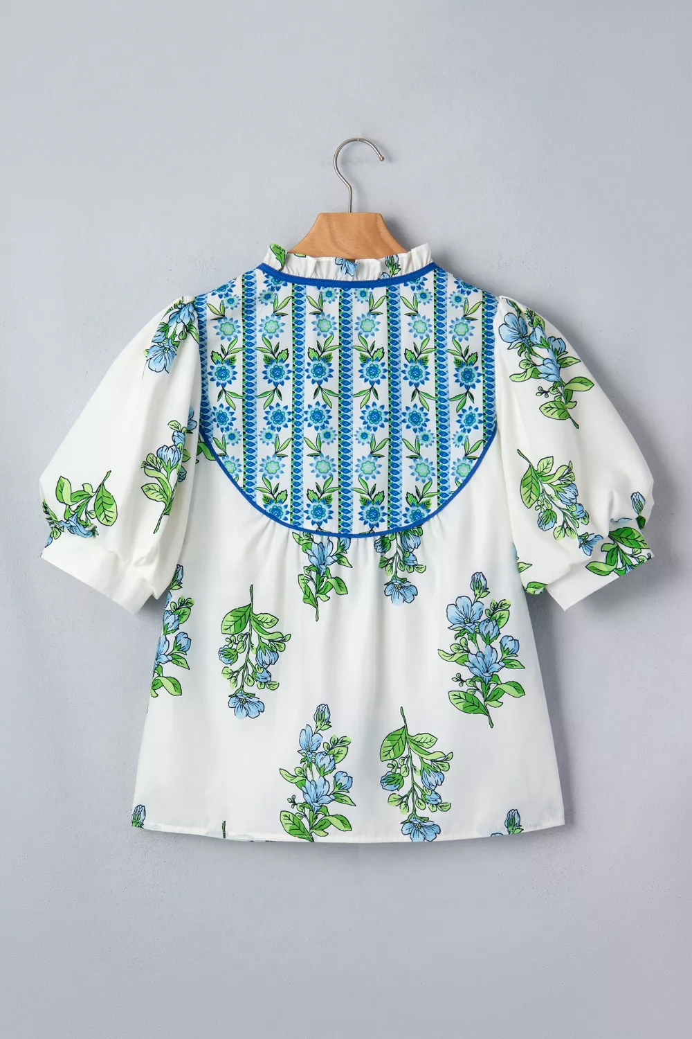 Floral Print Contrast Trim Tie Neck Blouse, image 5