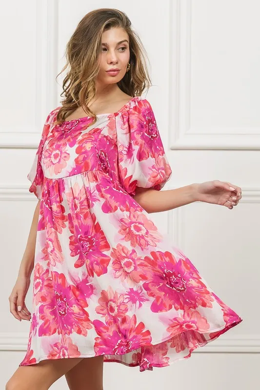 Floral Square Neck Puff Sleeve Mini Dress, image 3