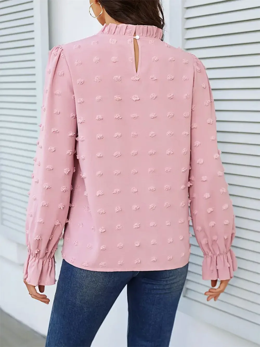 Swiss Dot Mock Neck Flounce Sleeve Blouse, image 2