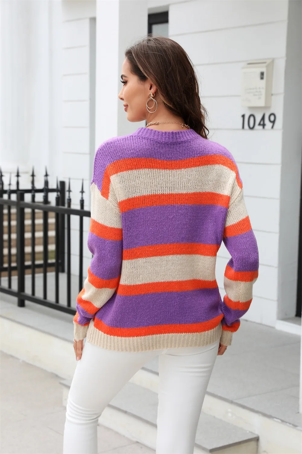 Color Block Round Neck Dropped Shoulder Sweater, image 9