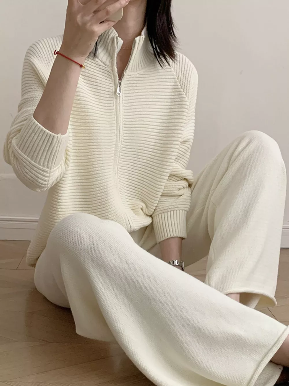Casual Knit Zip-Up Cardigan and Wide-Leg Pants Set, image 4