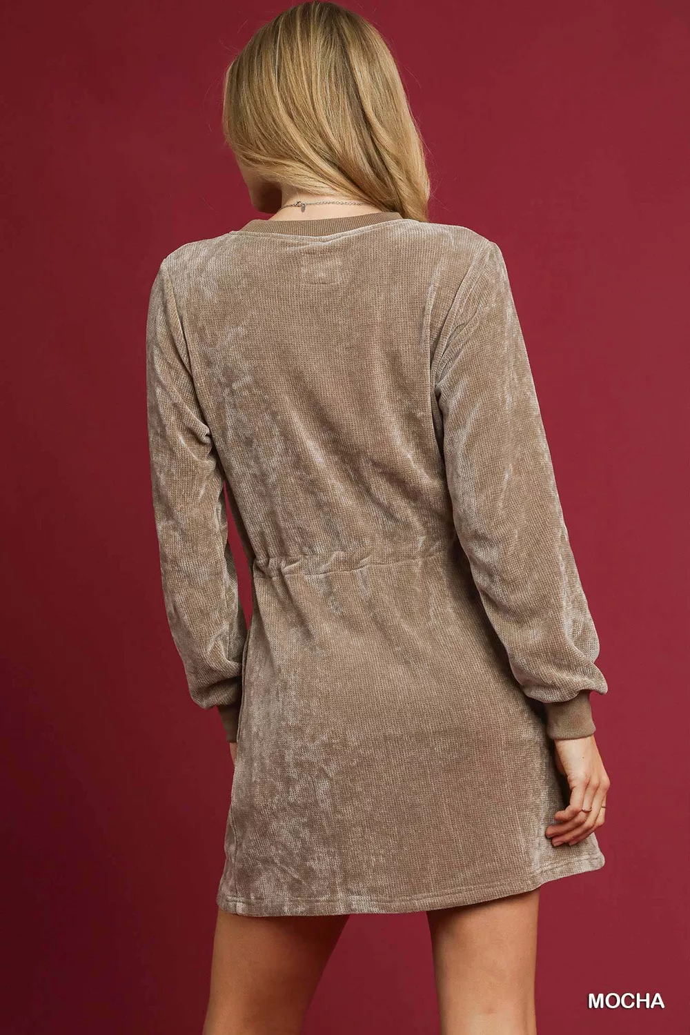 Velour Drawstring Mini Dress with Long Sleeves, image 4
