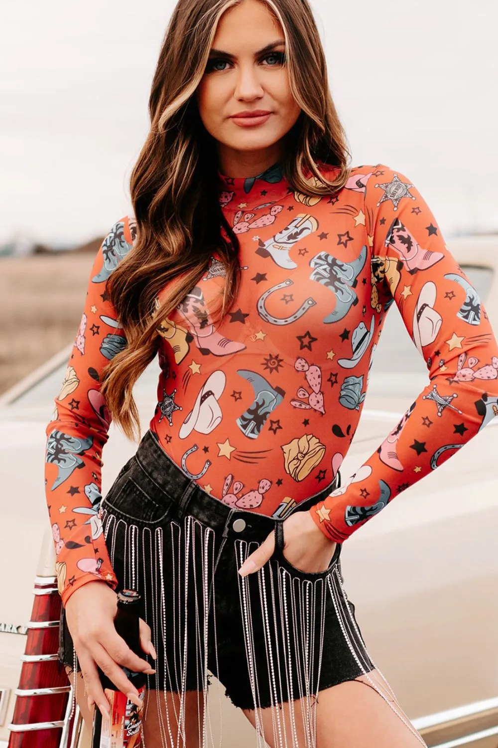 Printed Mock Neck Long Sleeve Bodysuit, image 9