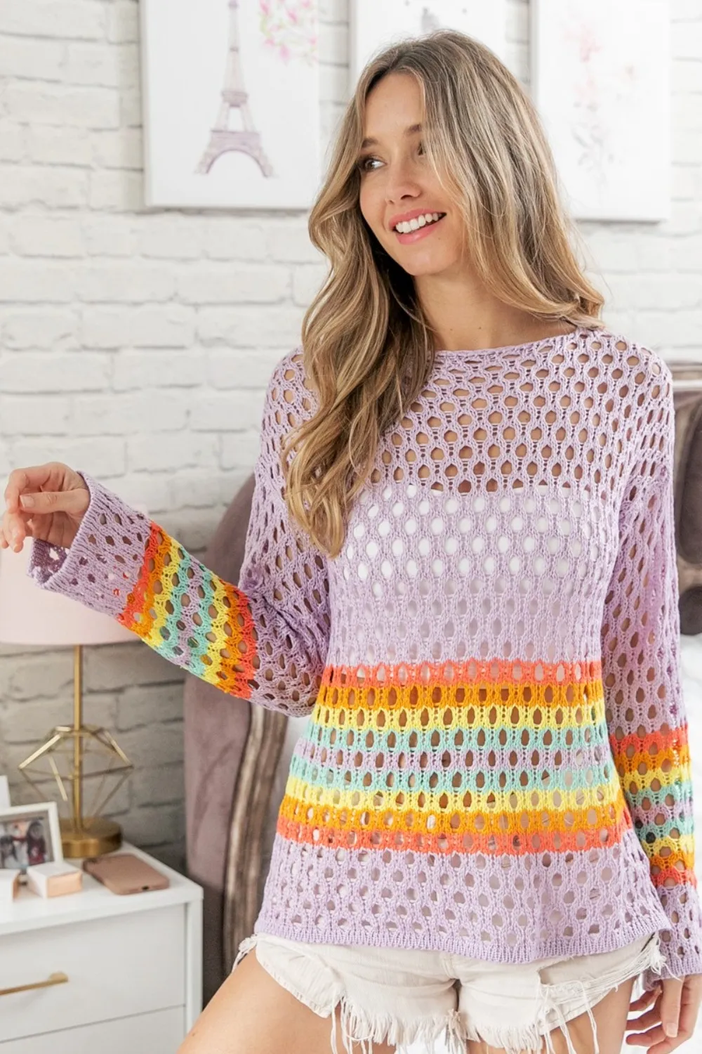 Rainbow Stripe Hollow Out Cover Up, image 3