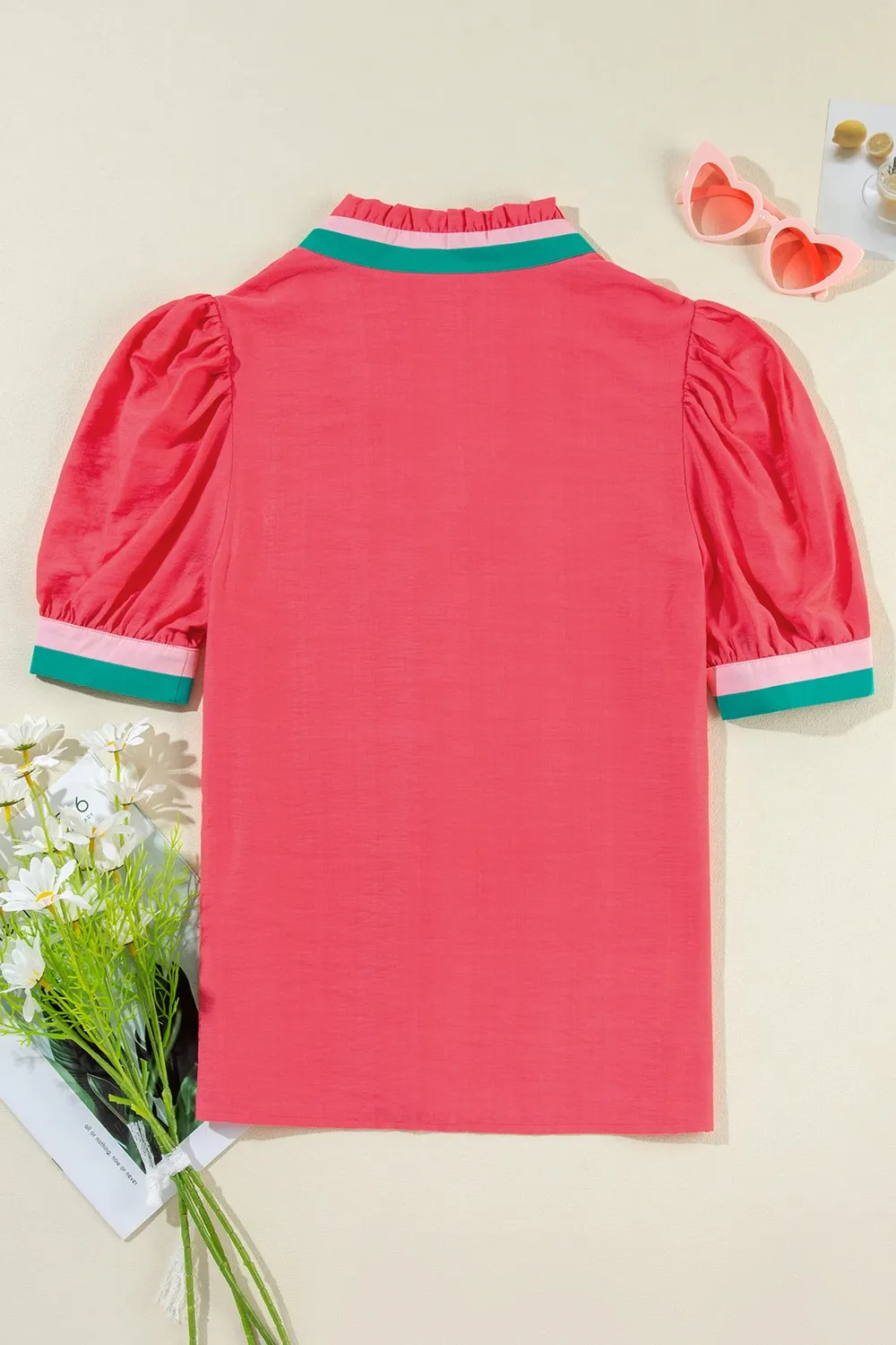 Contrast Trim Notched Short Sleeve Blouse, image 8