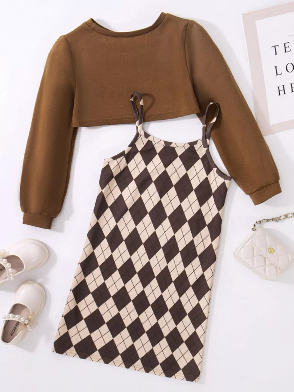 Children's Plaid Print Long Sleeve Dress Set, image 5