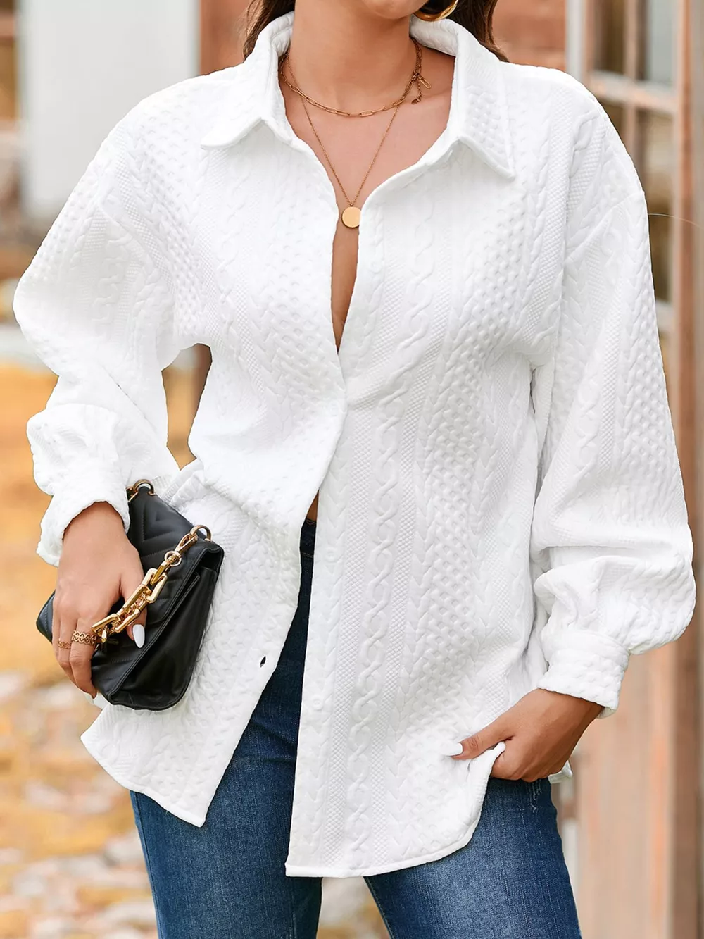 Cable Texture Puff Sleeve Loose Shacket, image 9