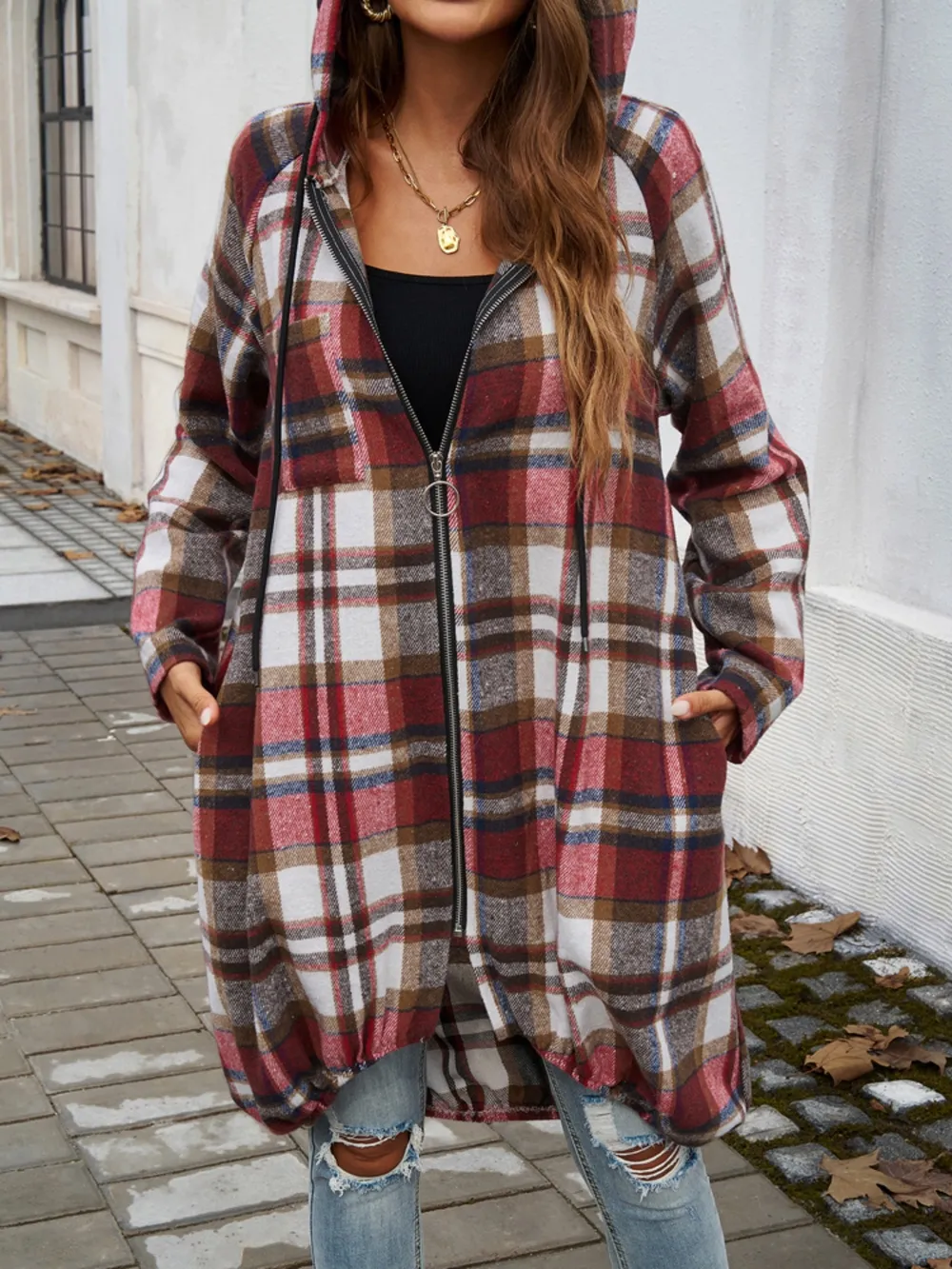 Plaid Zip Up Hooded Coat, image 7