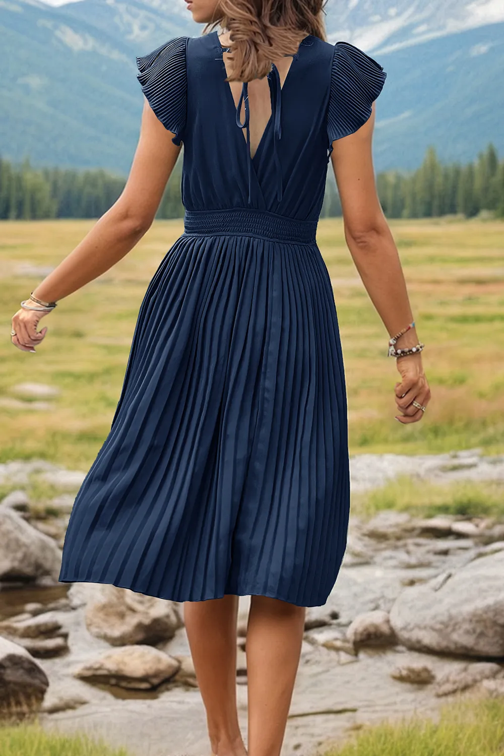 Tied Smocked Waist Flutter Sleeve Dress, image 9