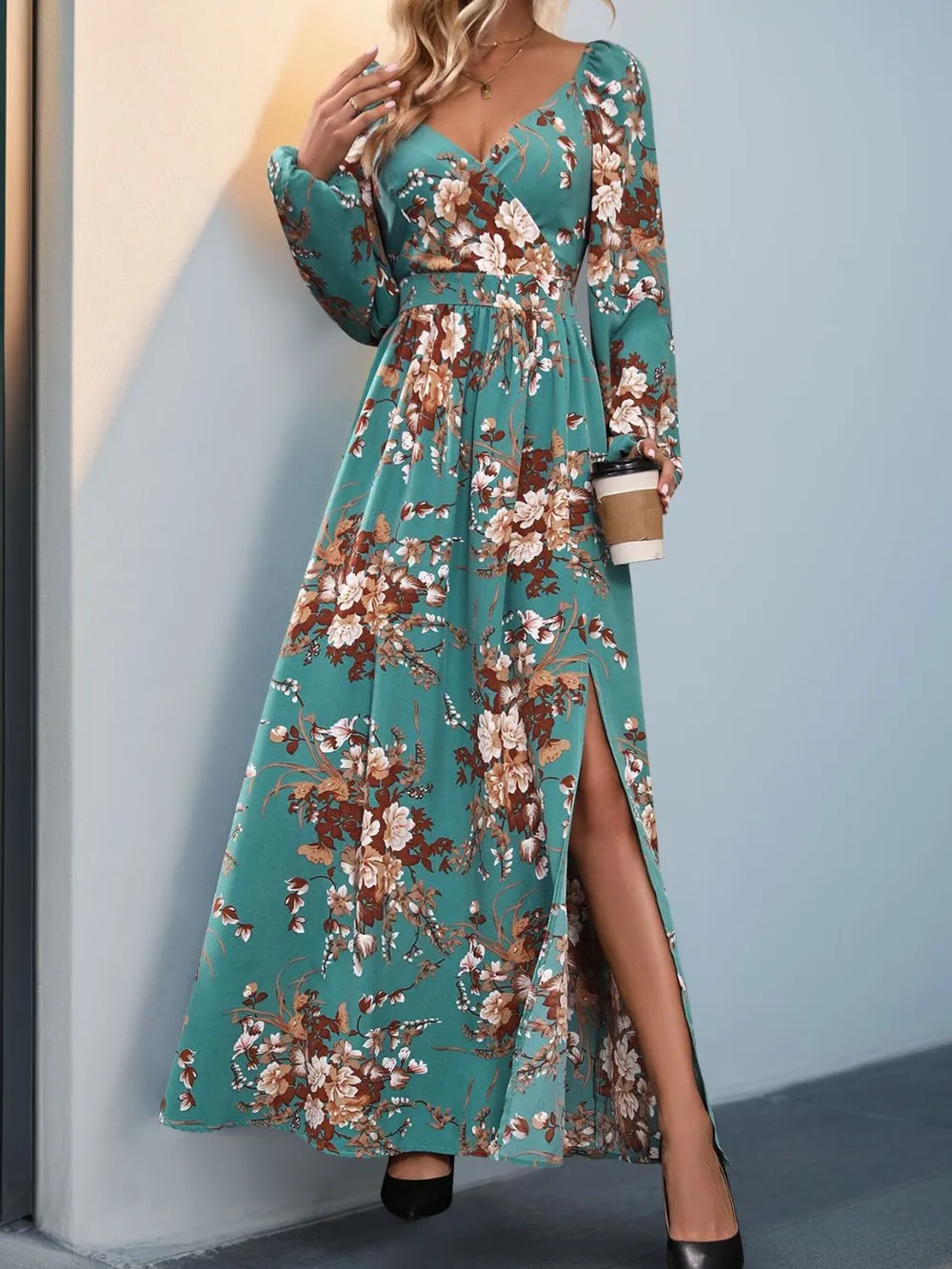 Slit Printed Surplice Long Sleeve Maxi Dress, image 6