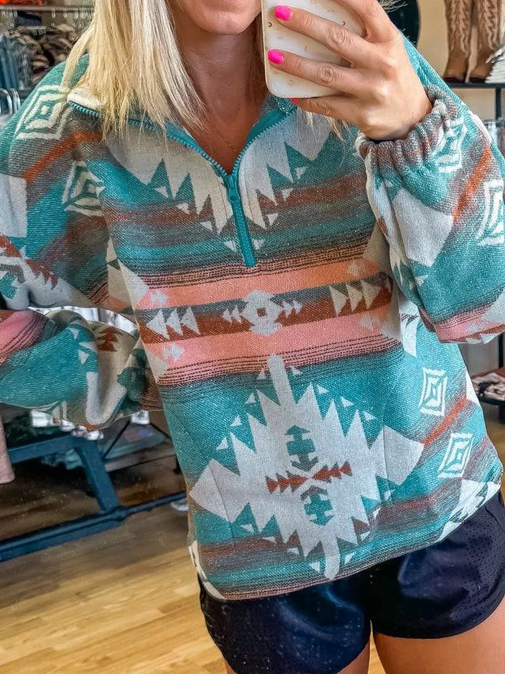 Quarter Zip Elastic Cuffs Aztec Sweatshirt, image 4
