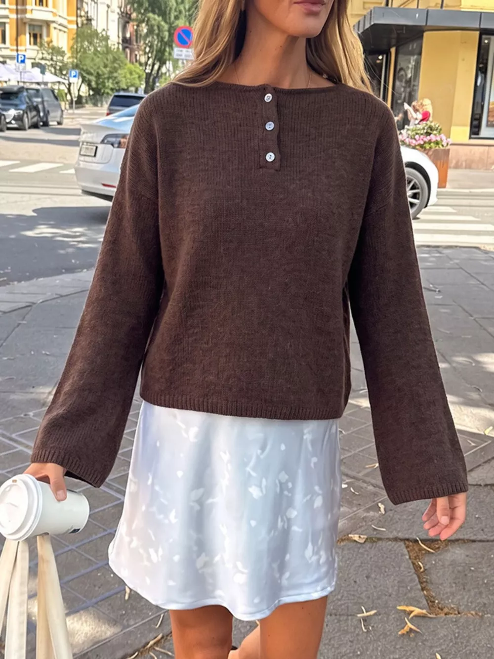 Button-Placket Round Neck Drop Shoulder Knit Top, image 7