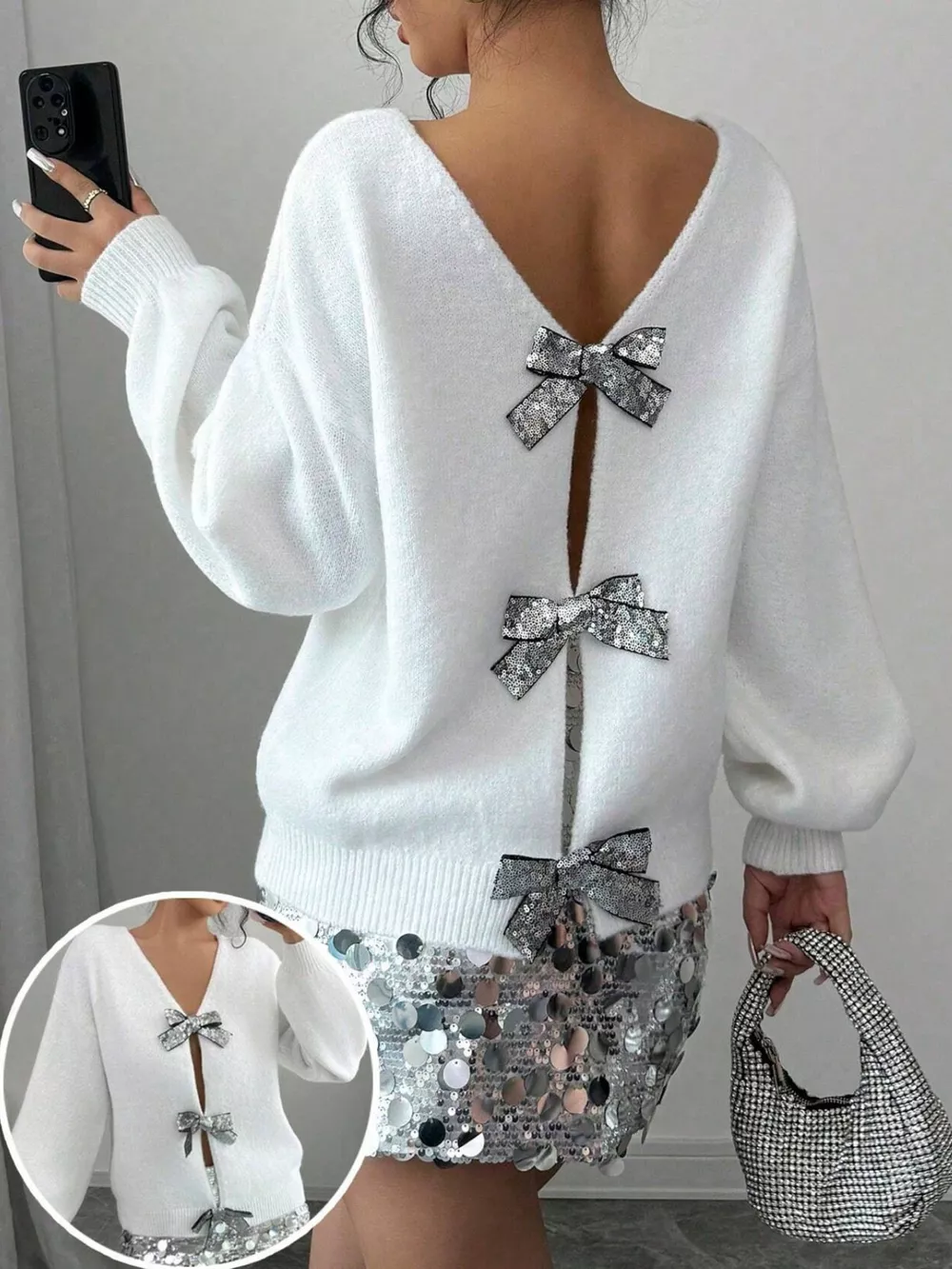 Bow-Decor Dropped Shoulder Knit Cardigan, image 3