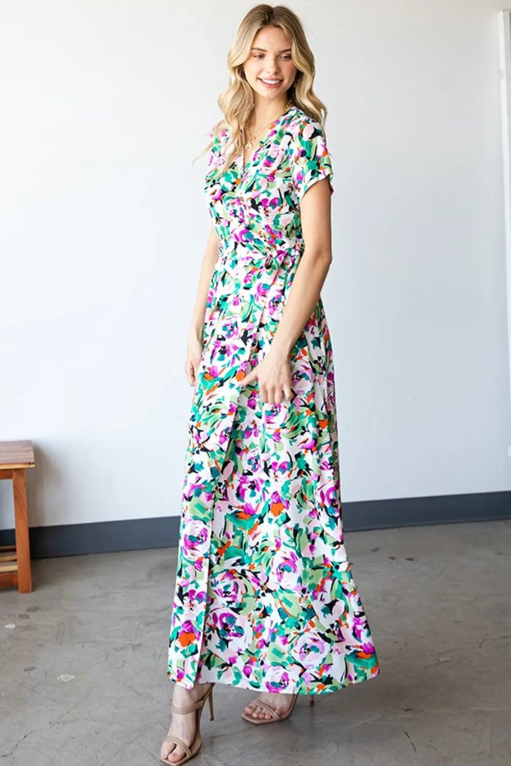 Slit Printed Surplice Tie Waist Short Sleeve Dress, image 5