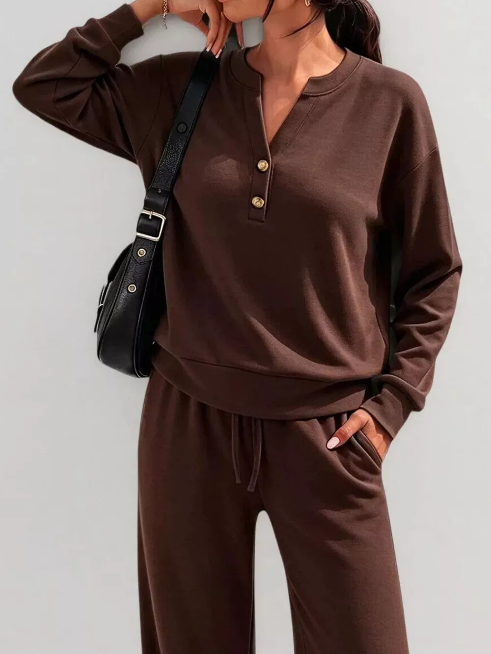 Button Detail Dropped Shoulder Top and Pants Set, image 16