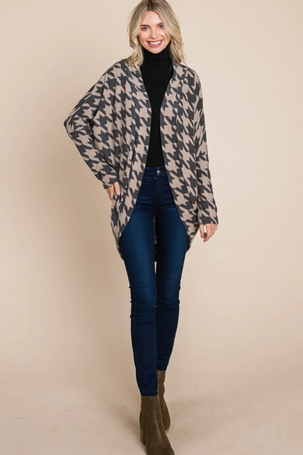 Houndstooth Open Front Cocoon Knit Cardigan, image 6