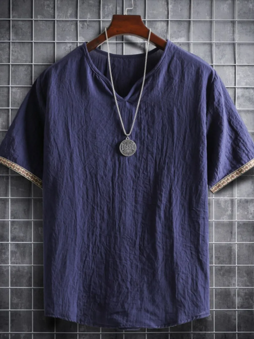 Men's Plus Size Texture Short Sleeve Top with Ethnic Trim, image 9