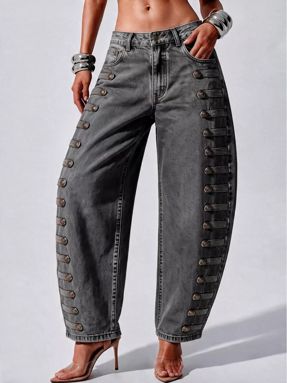 Decorative Button Wide Leg Jeans, image 32