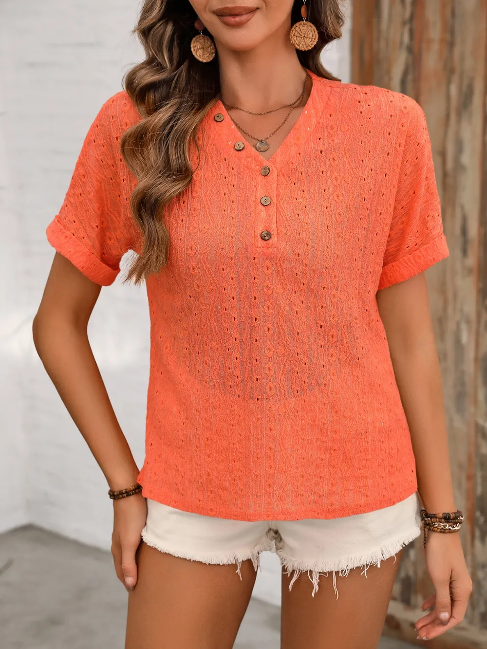 Eyelet V-Neck Short Sleeve Top, image 6