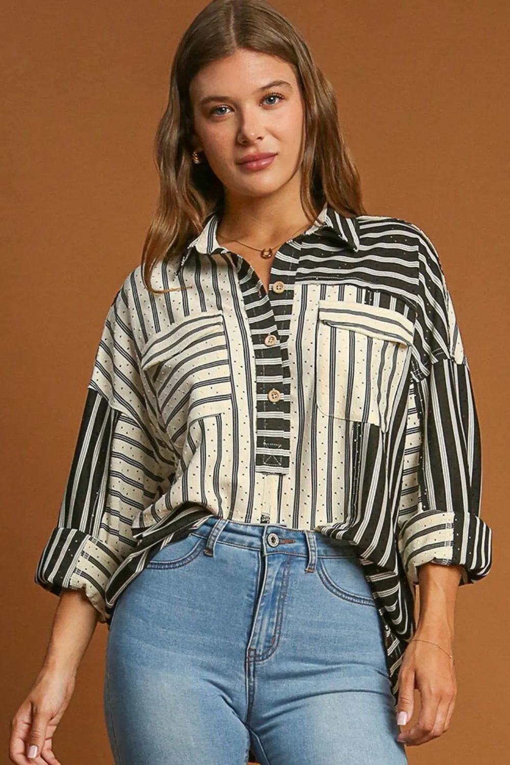 Full Size Pointelle Stripped Half Button Collared Neck Top Plus Size, image 3
