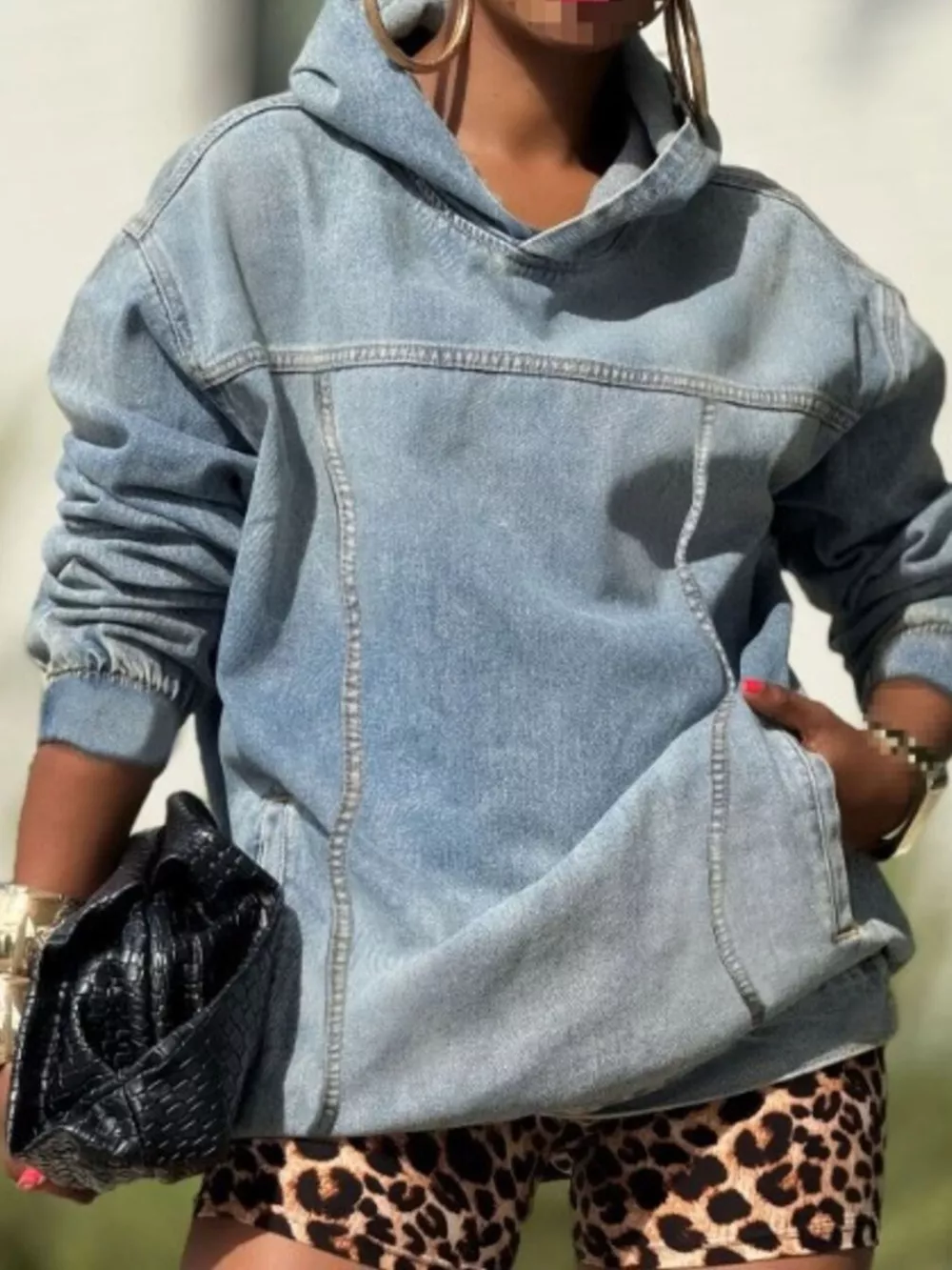 Oversized Washed Denim Hoodie with Front Pocket