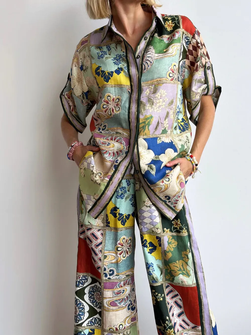 Printed Button Up Shirt and Pants Set, image 5