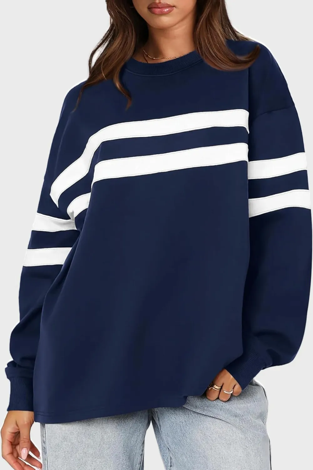 Striped Round Neck Dropped Shoulder Sweatshirt, image 8