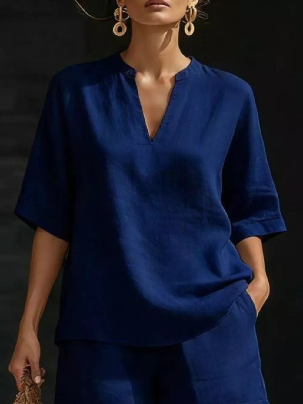 Full Size Notched Half Sleeve Top and Shorts Set Plus Size, image 7