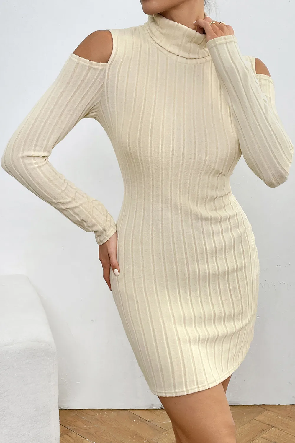 Ribbed Turtleneck Cold Shoulder Long Sleeve Mini Dress, image 5