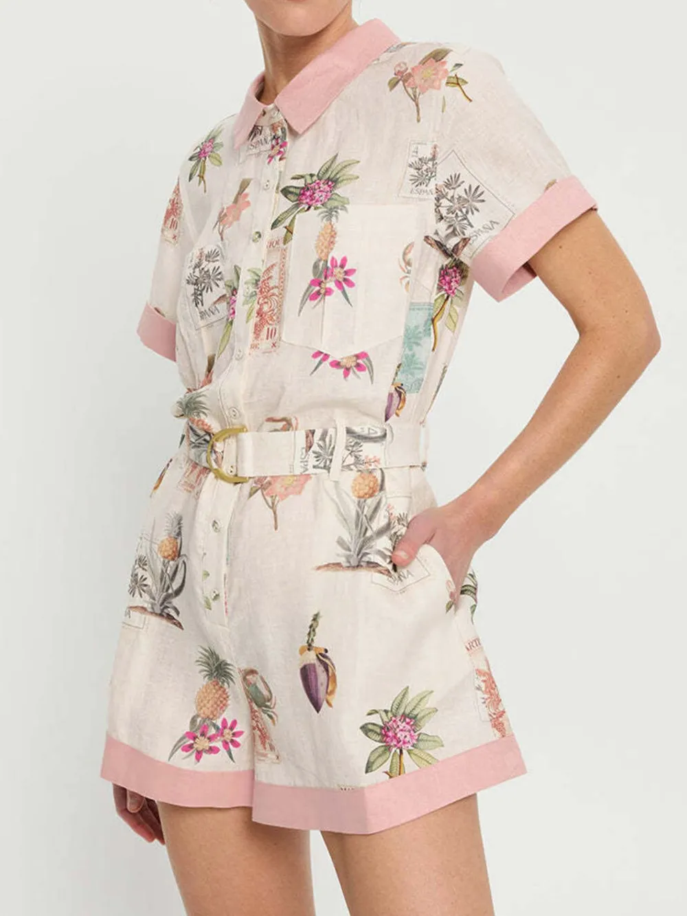 Printed Short Sleeve Romper with Belt, image 4