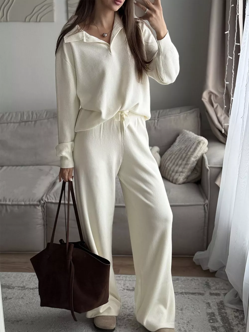 Polo Collar Top and Pants or Skirt Knit Set, image 2