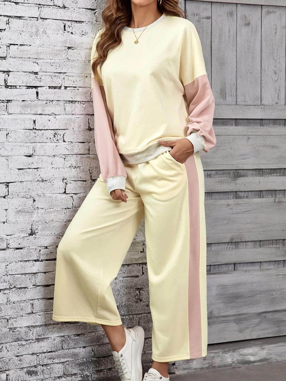 Color Block Round Neck Top and Pants Set, image 9