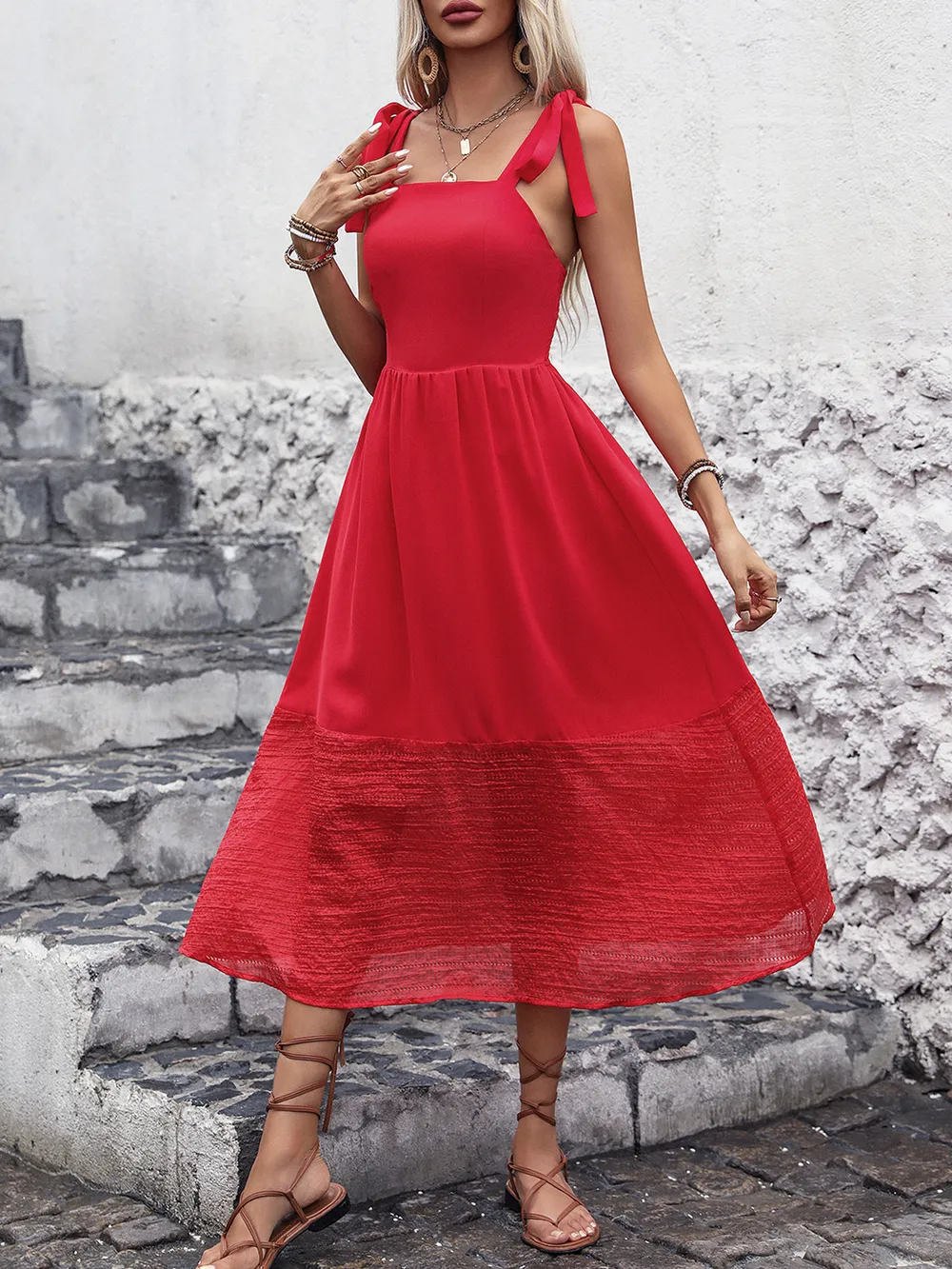 Tied Smocked Sleeveless Midi Dress, image 4