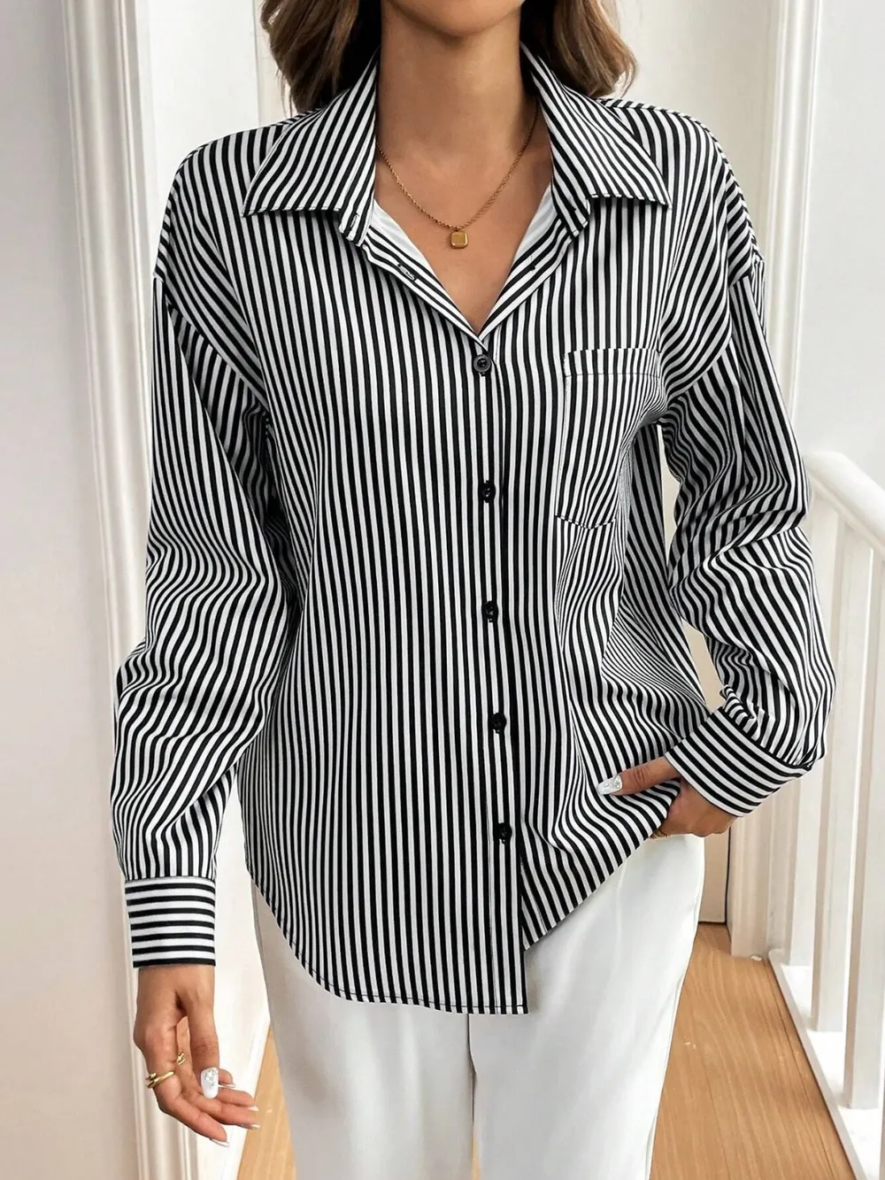 Cutout Bow Back Striped Collared Neck Long Sleeve Shirt, image 3