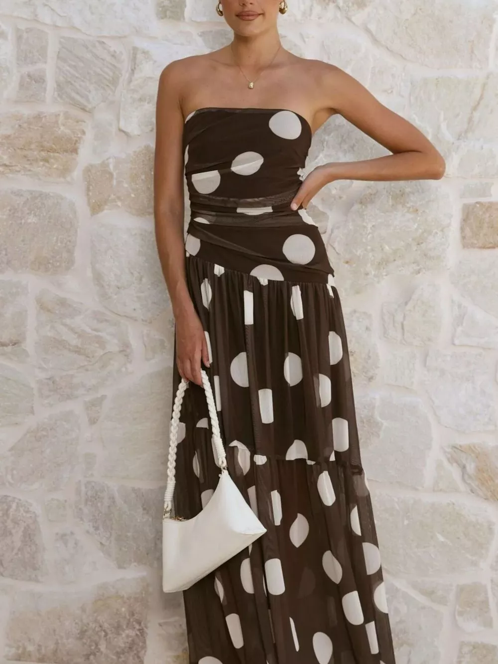 Polka Dot Strapless Ruched Maxi Dress, image 8