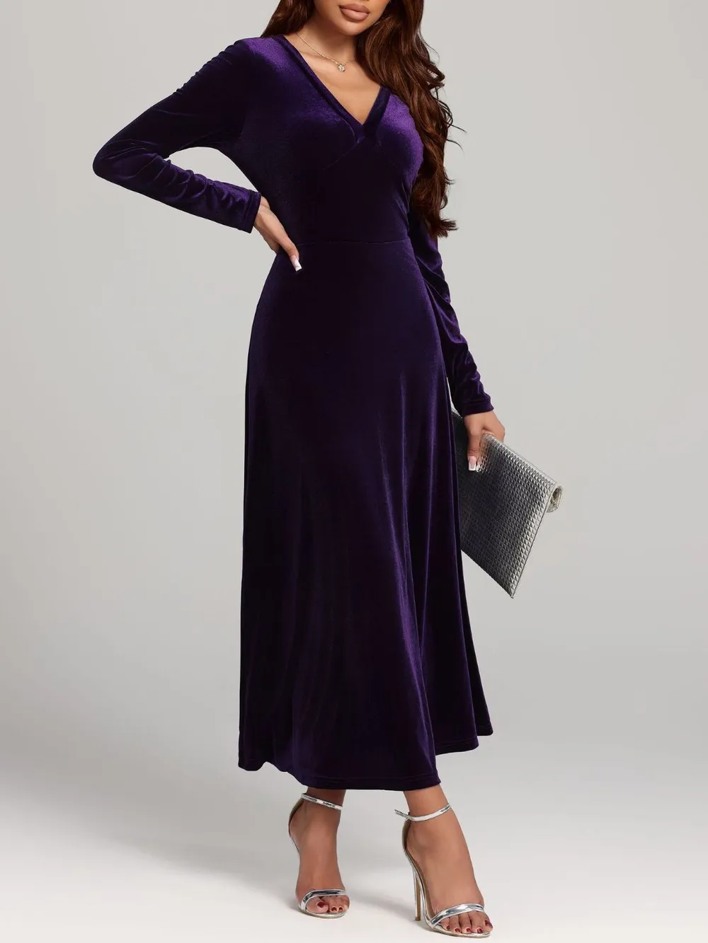 V-Neck Long Sleeve Velvet Dress, image 5