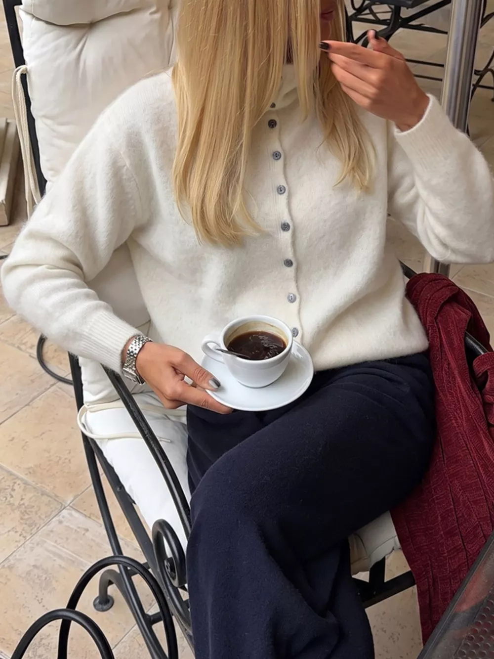 Mock Neck Button-Down Fuzzy Knit Cardigan, image 9