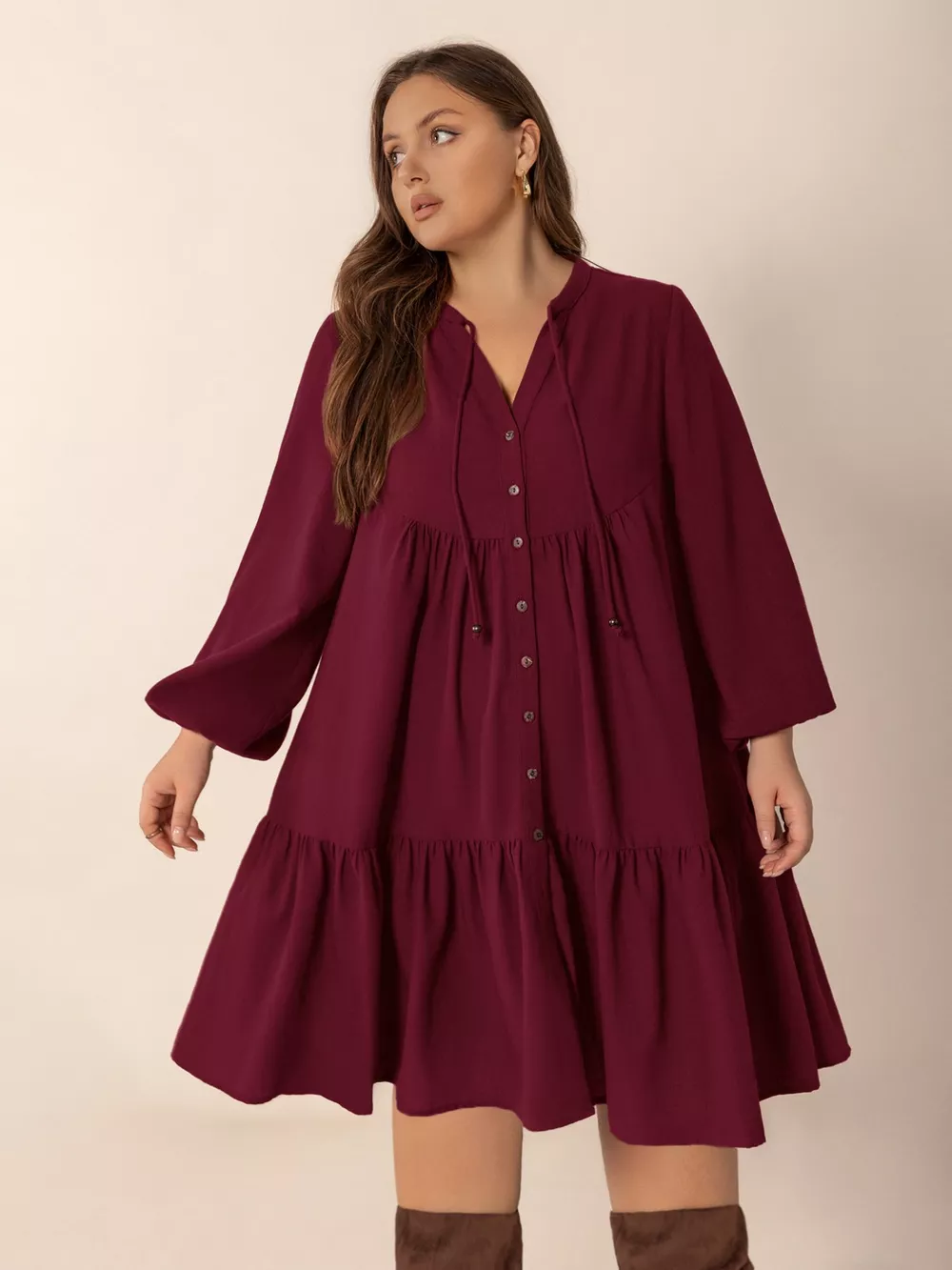 Plus Size Button Front Balloon Sleeve Dress, image 4