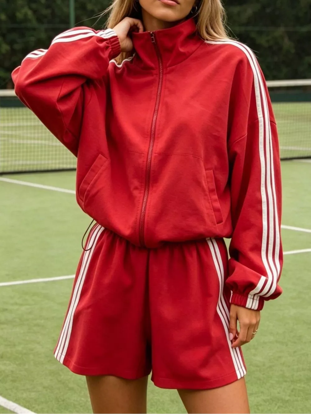 Side Stripe Detail Cropped Sporty Jacket and Shorts Set, image 9