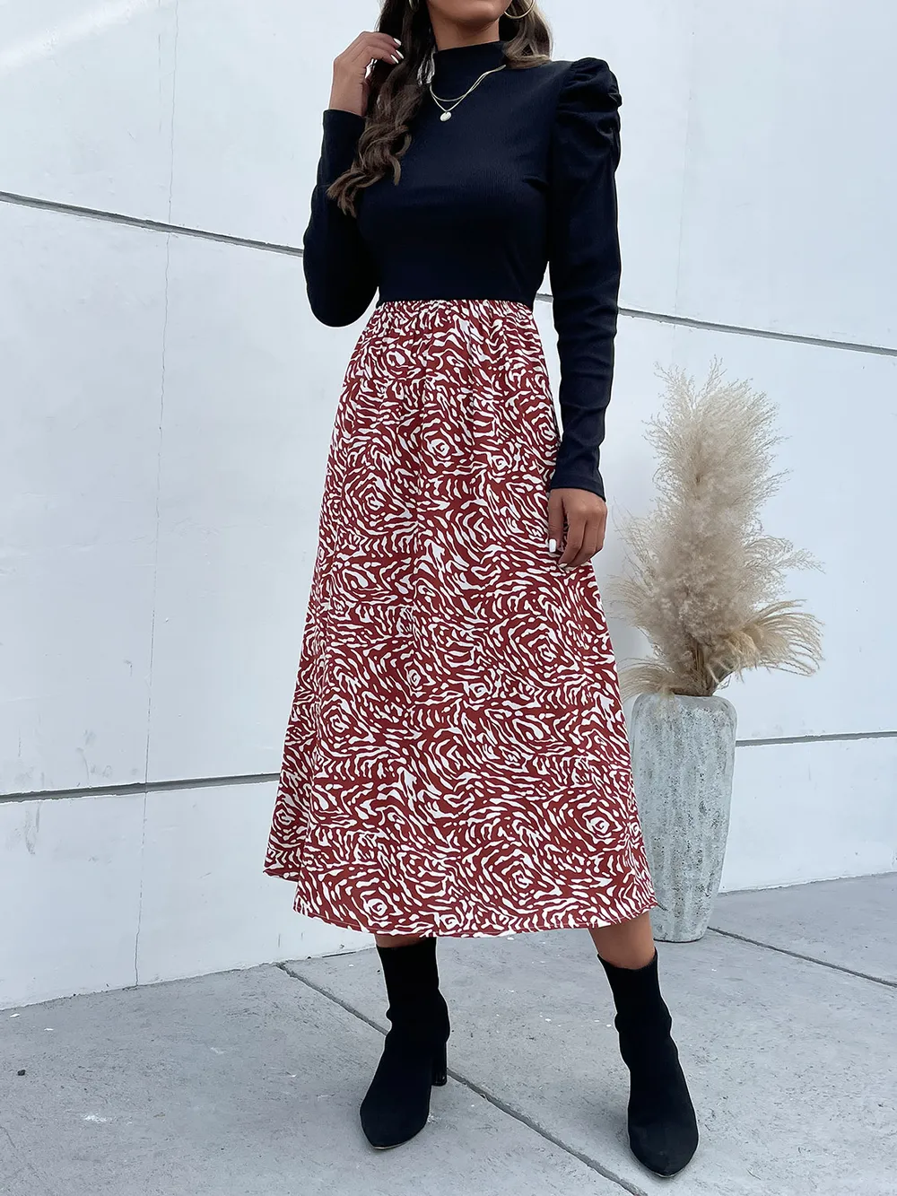 Printed Mock Neck Puff Sleeve Midi Dress, image 3