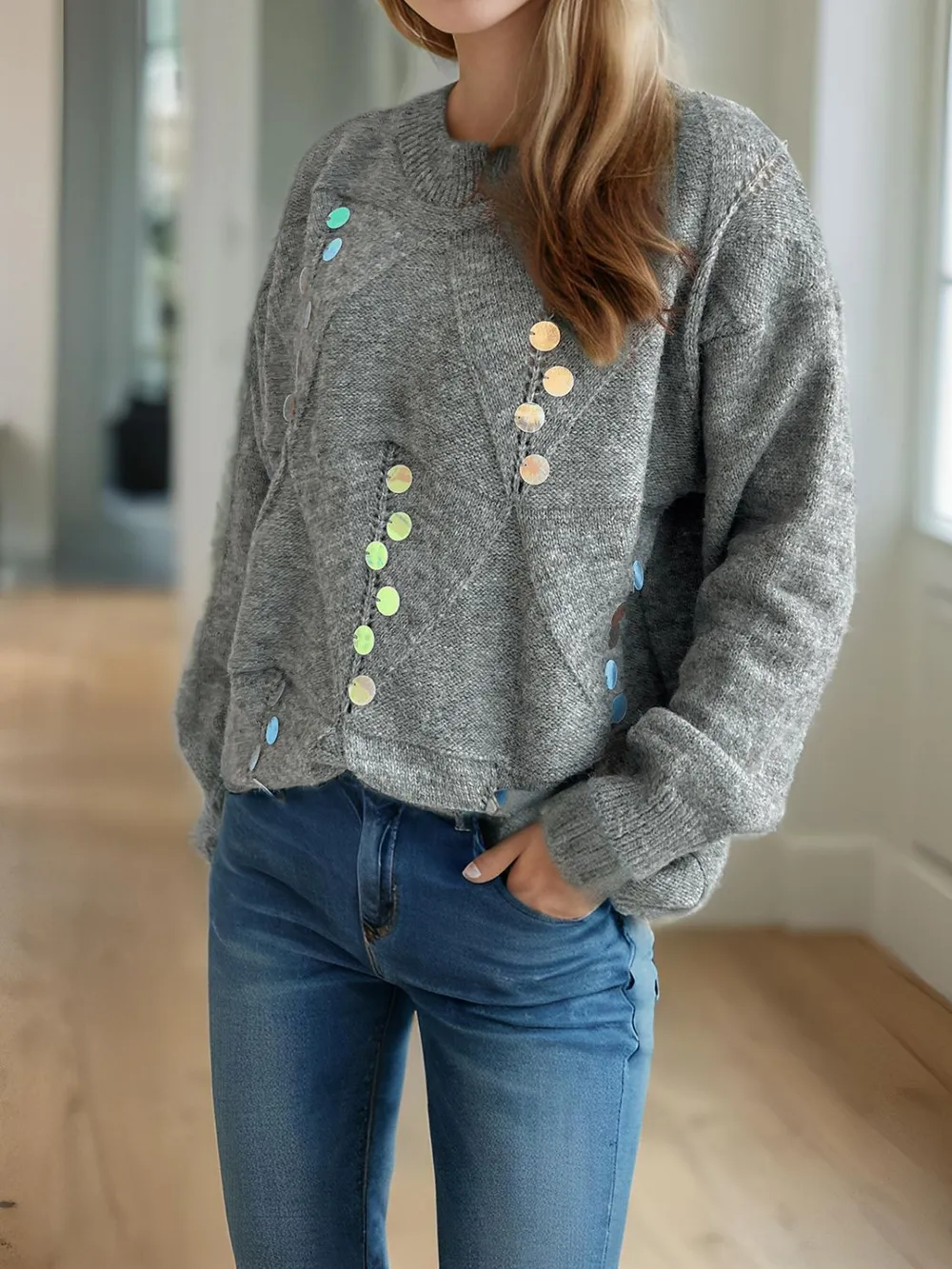 Sequin Mock Neck Long Sleeve Sweater, image 5