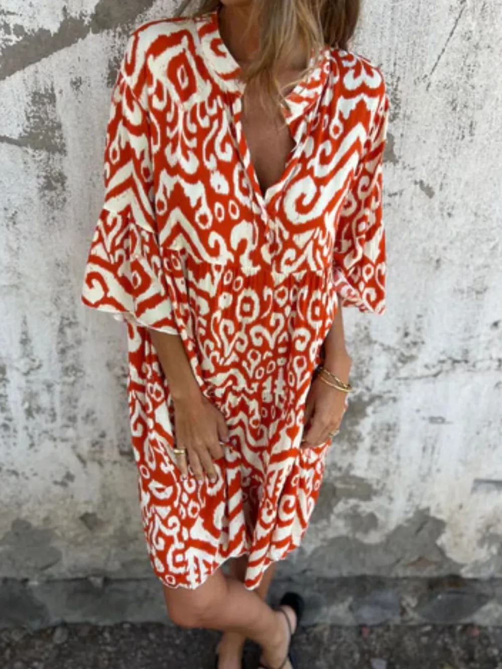 Full Size Printed Notched Half Sleeve Dress Plus Size, image 22
