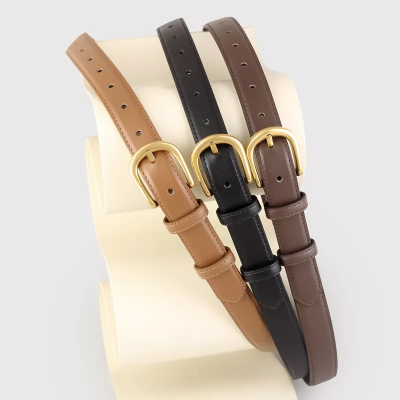Skinny Leather Belt with Golden Buckle, image 2