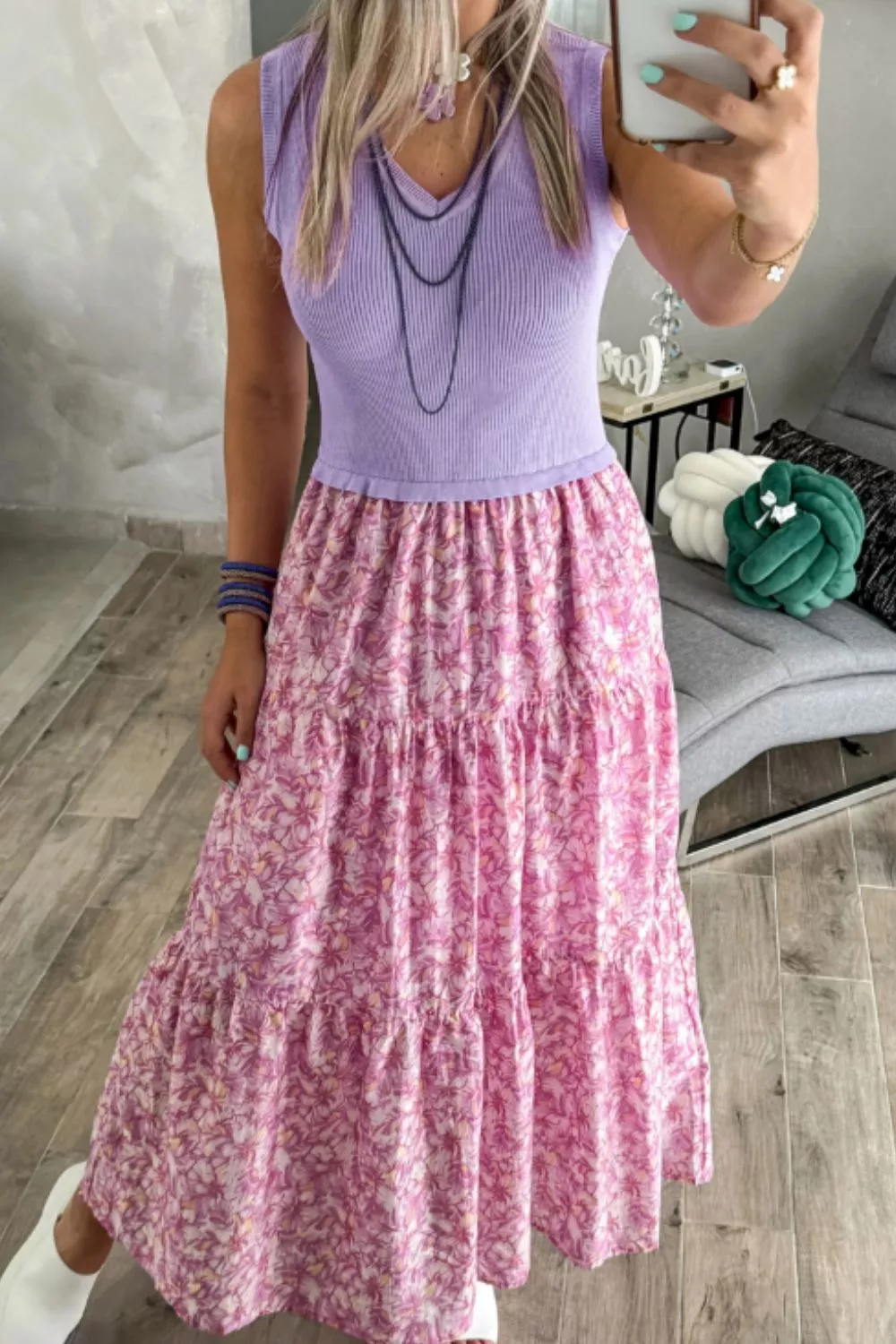 Ribbed V Neck Tank Floral Contrast Patchwork Dress, image 4