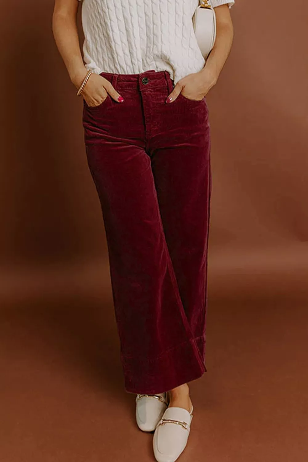 Corduroy Solid Color High Waist Wide Leg Pants, image 4