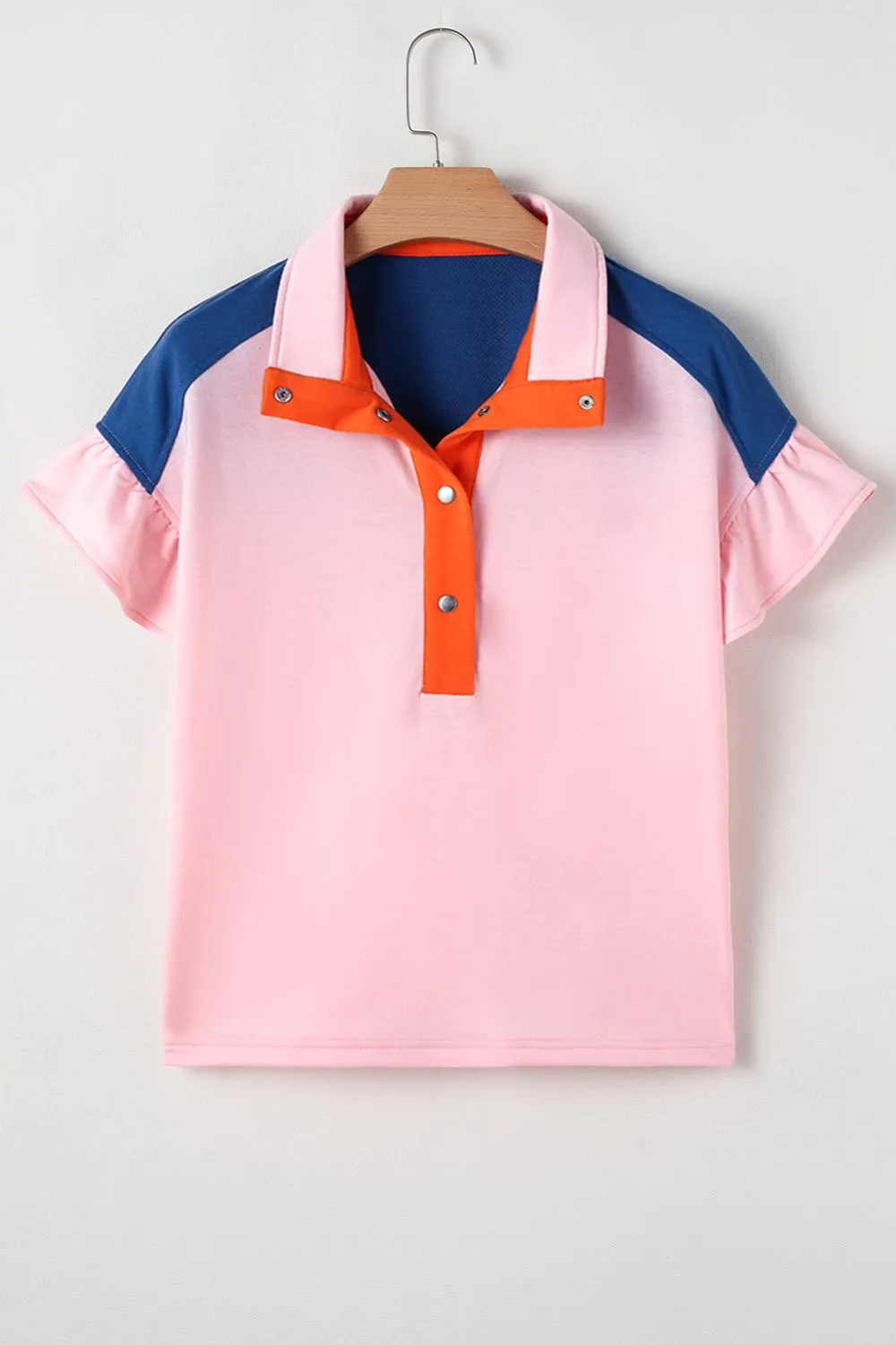 Color Block Half Buttoned Ruffled Short Sleeve T Shirt, image 8